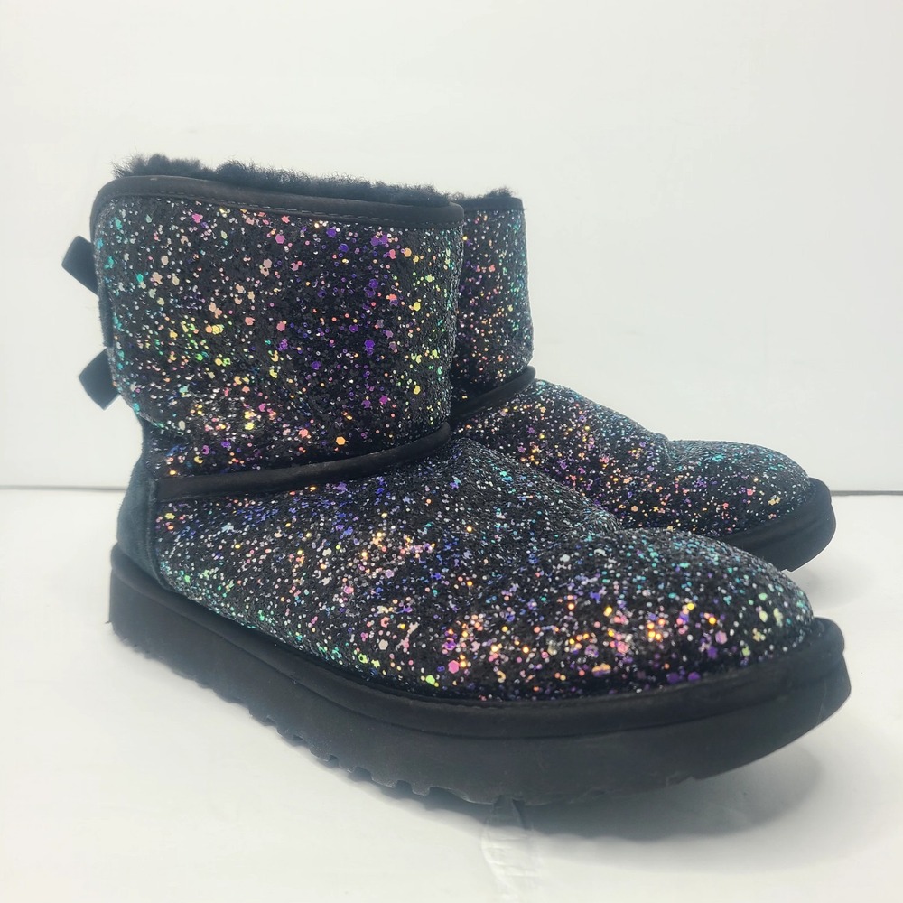 UGG Womens Boots Classic Mini Bow Black Purple Cosmos Sparkles Glitter READ